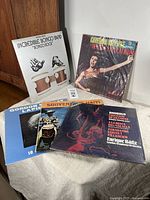 Set of 5 vintage vinyl records displayed on a cloth surface showing artwork and covers with various colors and designs.