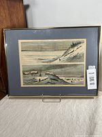 Framed antique colored engraving showing two scenes from Alaska Territory with figures and winter landscape.