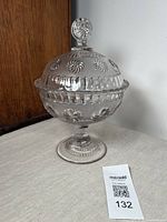 Full front view of pressed glass covered candy dish with lid, standing on pedestal base, showing Roman Rosette pattern and lid knob.