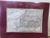 Full view of the antique Pennsylvania county map with inset maps of Harrisburg, Williamsport, Erie, and Scranton.