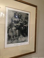 Framed black and white antique print showing the full framed artwork from an angle, highlighting the overall condition and frame.