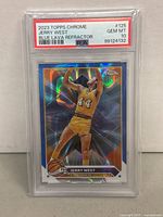 Front image of Jerry West 2023 Topps Chrome Blue Lava Refractor card graded PSA 10 in protective slab showing holographic blue lava effect