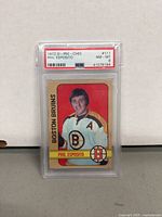 Front view of 1972 O-Pee-Chee Phil Esposito hockey card in PSA graded slab showing image and condition