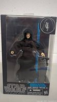 Front view of Emperor Palpatine action figure in sealed Star Wars The Black Series box.