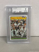 Front image of 1981 Topps #202 Walter Payton Super Action football card graded 7 by Beckett Grading Services.