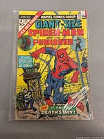 Front cover image of vintage comic book featuring Spider-Man in tattered suit and The Punisher against yellow background with barbed wire.