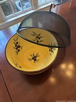 Ceramic serving bowl with olive motif inside and outside, paired with open black metal mesh food cover dome showing the inside of the bowl.