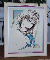Framed serigraph print of a woman titled "Caren" by Dennis Mukai, showing full artwork and frame.
