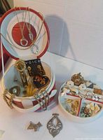 Jewelry box and various necklaces, earrings, brooches, and pins arranged inside and outside the box to show contents.