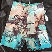 Front view of Hard Rock Cafe boardshorts showing full design, colors and drawstring waist