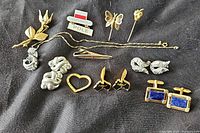 Overview of all vintage costume jewelry items, showing various pins, earrings, cufflinks, and brooches.