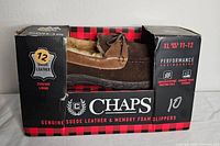 Side view of the slipper box showing brand Chaps, genuine suede leather, memory foam technology, size 12, and product details.