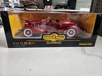 Front and side view of the 1935 Auburn model car in packaging showing detailed red paint, whitewall tires and convertible style.