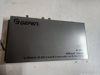 Top view of Gefen metal casing with logo and model details including 4K Ultra HD, HDBaseT Extender with Ethernet, RS-232, 2-way IR, 2-way Audio, and Bi-Directional capabilities.