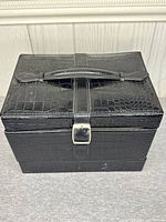 Closed jewelry box showing crocodile texture, top handle and buckle strap