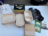 Group overview showing containers, straws, cutlery box, lids, skewers, picks and kraft bags