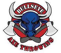 Logo of Bullseye Axe Throwing featuring a blue bull with crossed axes.