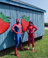 Two people in colorful costumes (Spider-Man and Ladybug) standing against a blue wooden backdrop with painted strawberries, representing the playful and family-friendly environment of the farm playland.