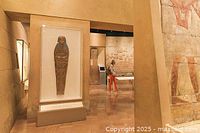 Photo of Egyptian sarcophagus display inside ROM, illustrating part of the museum's collection.