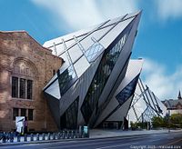 Exterior view of the Royal Ontario Museum building showing modern and historic architectural elements.