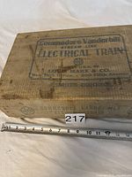 Closed original cardboard box labeled 'Commodore Vanderbilt Stream Line Electrical Train' by Louis Marx & Co.