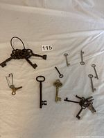 Wide view showing all keys spread on cloth surface, highlighting the variety of sizes and shapes.