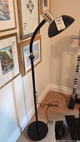 Full view of the black metal goose neck floor lamp standing on the floor with cord visible.