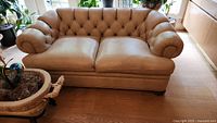 Front view of camel tan leather loveseat with tufted back and rolled arms