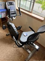 Full side view showing the bike frame, mesh backrest, cushioned adjustable seat, pedals with straps, and placement near a window.