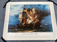 Print depicting the naval battle between Don Thomas Richard and Serapis on September 23, 1779, featuring a ship on fire with an American flag overhead.