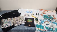 Full view of lot contents including NFL sweatshirt, NFL t-shirt, Cal Ripken book, Miami Dolphins towel, Green Bay Packers collectibles, and baseball cards.