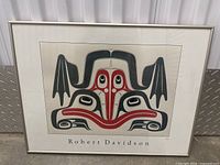 Front view of framed print showing Indigenous style artwork in black and red, labeled Robert Davidson below image.