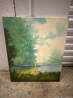 Front view of the signed oil painting showing the child with a yellow hat and dog in a green meadow under a partly cloudy sky.