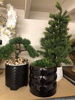 Three faux plant arrangements: bonsai style pine tree, grass-like foliage, and pine tree in three separate pots.