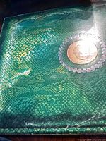 Close-up photo of the green snakeskin patterned album cover with glossy surface and embossed medallion.