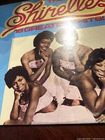 Front cover of 'The Shirelles 16 Greatest Hits' vinyl record album showing four women in pink dresses.