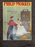 Full front image of the vintage Philip Morris cardboard sign showing bellhop and woman scene with text.