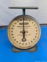 Full view of face dial of a vintage Universal Household Scale showing 0-25 pounds measurements and brand information.
