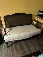 Front view of cane-back upholstered settee