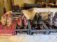 Group shot of five pairs on Irregular Choice boxes