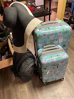 Group shot showing both Olympia suitcases, wheeled backpack and sun hat