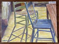 Front view of unframed oil painting showing two chairs on a yellow floor