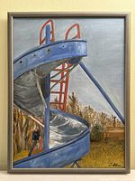 Full view of framed painting leaning against wall showing slide and background