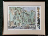 Framed watercolour painting titled 'Rome' depicting urban buildings and cars, signed by G. Gibson.