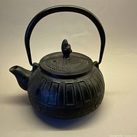 Full view of cast iron teapot showing handle, spout and body
