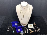 Full lot of 12 pieces displayed on black background with blue velvet pouches for some pendants, includes necklaces, pendants, rosary and brooches