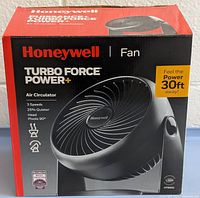 Front of Honeywell Turbo Force Power+ fan box showing key features and product image.