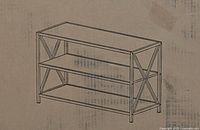 Drawing illustration of the Walker Edison 2 tier open shelf bookcase showing metal frame with X design and two wooden shelves.