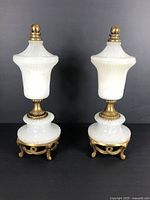 Front view of pair of Aladdin G-6 frosted white glass lamps with brass ornate bases.