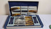 Full display of the carving set and six steak knives arranged in original box with blue lining.